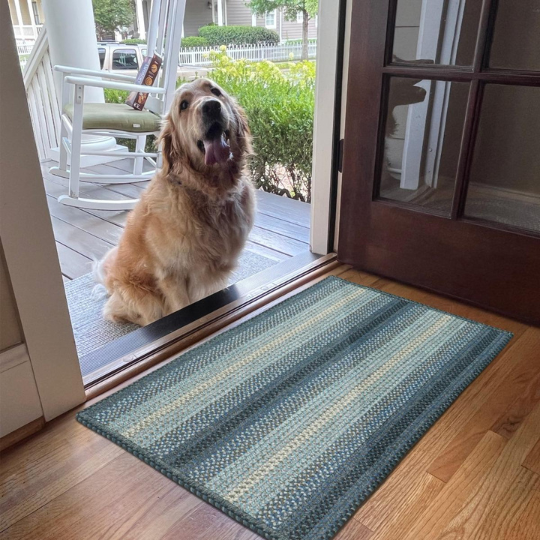 image of dog at front door displaying a homespice doormat rug