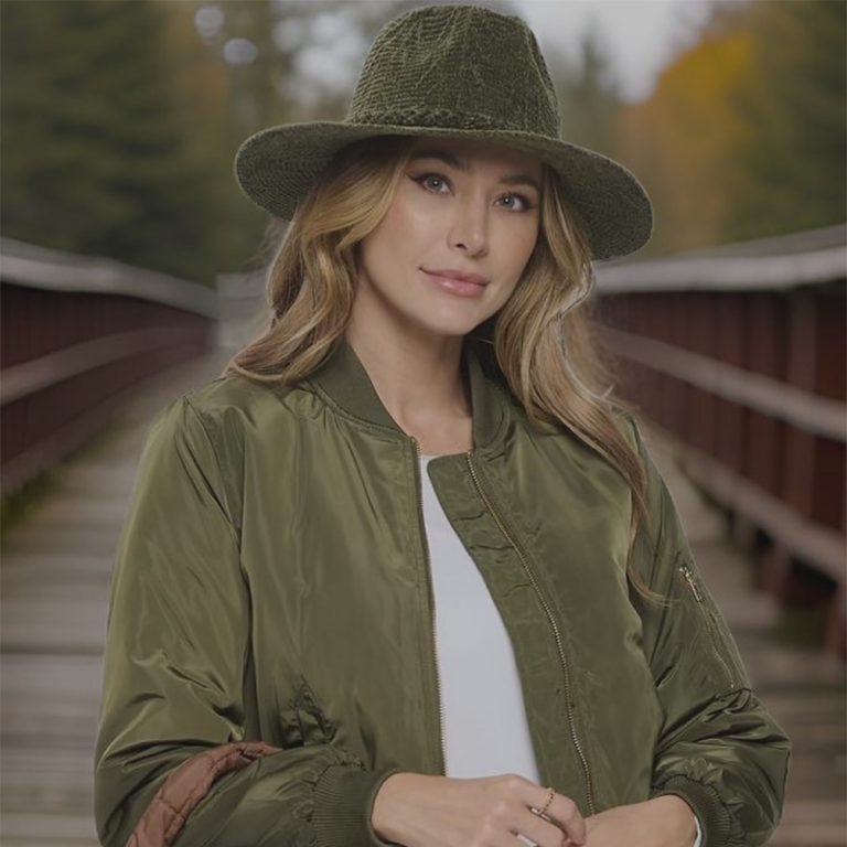 Accent green hat and jacket on model